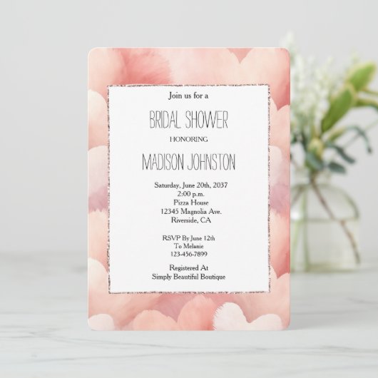 ピンクかわいらし赤面ハートブライダルシャワー 招待状 (スタンド正面)