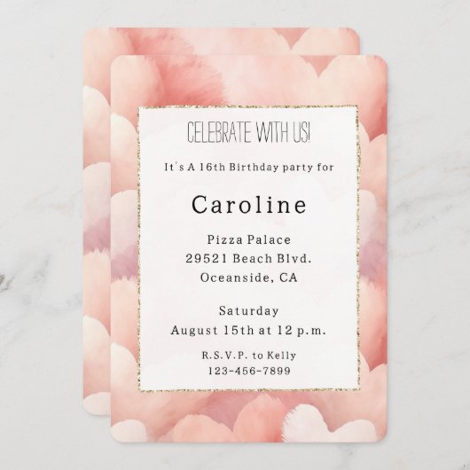 ピンクかわいらし赤面ハート誕生日 招待状 (正面/裏面)