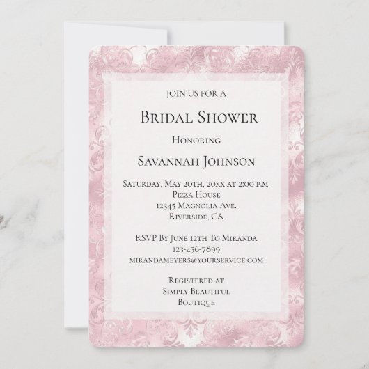ピンクかわいらし赤面パールエレガントブライダルシャワー 招待状 (正面)