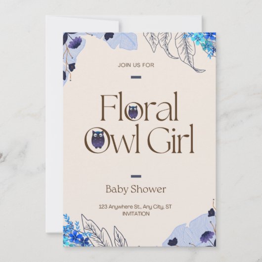 ピンクかわいらし赤面フローラ梟少女ベビーシャワー 招待状 (正面)