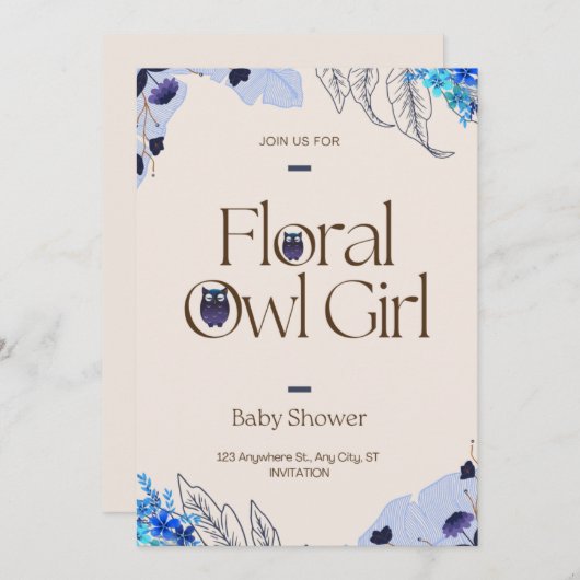 ピンクかわいらし赤面フローラ梟少女ベビーシャワー 招待状 (正面/裏面)
