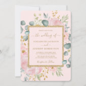 ピンクかわいらし金ゴールドウォーターカラーフローララグジュアリー結婚ズ 招待状 (正面)