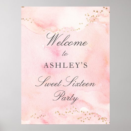 ピンクかわいらし金ゴールドグリッタースウィート16ウェルカムサイン ポスター (正面)
