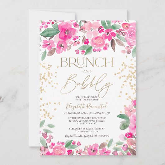 ピンクかわいらし金ゴールドグリッターフローラシックブライダルシャワー 招待状 (正面)