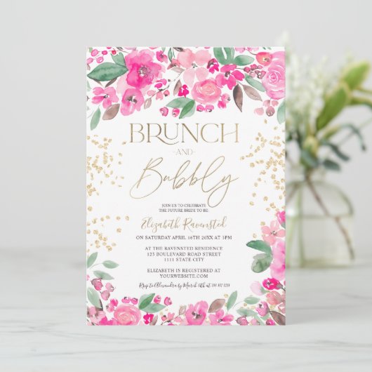 ピンクかわいらし金ゴールドグリッターフローラシックブライダルシャワー 招待状 (スタンド正面)
