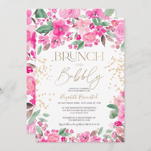 ピンクかわいらし金ゴールドグリッターフローラシックブライダルシャワー 招待状 (正面/裏面)