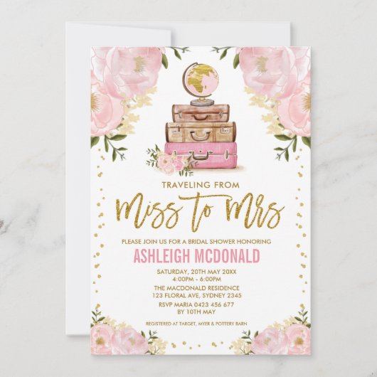 ピンクかわいらし金ゴールドトラベルアドベンチャーブライダルシャワー 招待状 (正面)