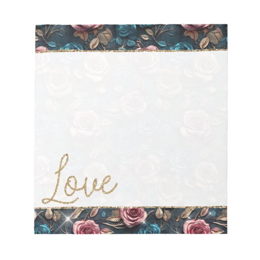 ピンクかわいらし金ゴールドバラグリッターラブ ノートパッド (正面)