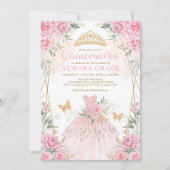 ピンクかわいらし金ゴールドバラプリンセスドレスキンセアニラ 招待状 (正面)