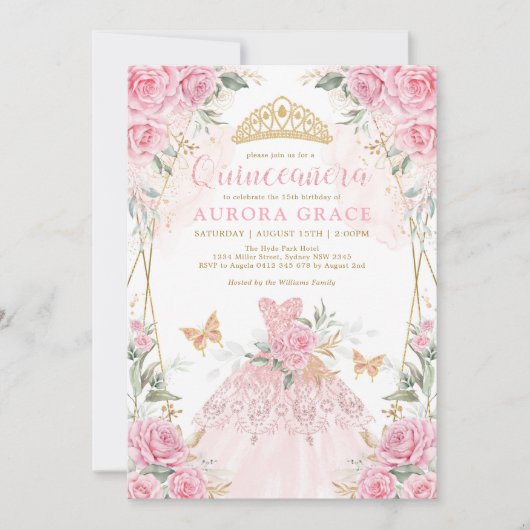 ピンクかわいらし金ゴールドバラプリンセスドレスキンセアニラ 招待状 (正面)