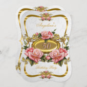 ピンクかわいらし金ゴールドバラホワイト50th誕生日パーティー 招待状 (正面/裏面)
