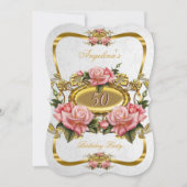 ピンクかわいらし金ゴールドバラホワイト50th誕生日パーティー 招待状 (正面)