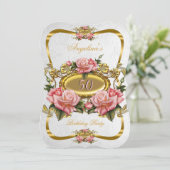 ピンクかわいらし金ゴールドバラホワイト50th誕生日パーティー 招待状 (スタンド正面)