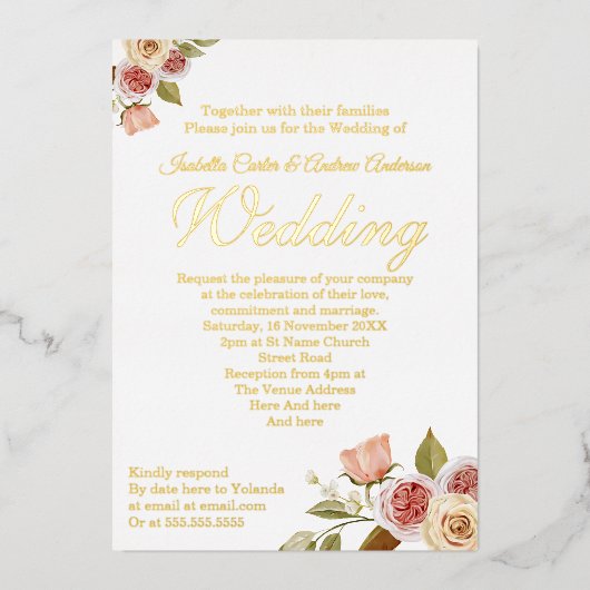 ピンクかわいらし金ゴールドフローラエレガントな結婚式 箔招待状 (正面)