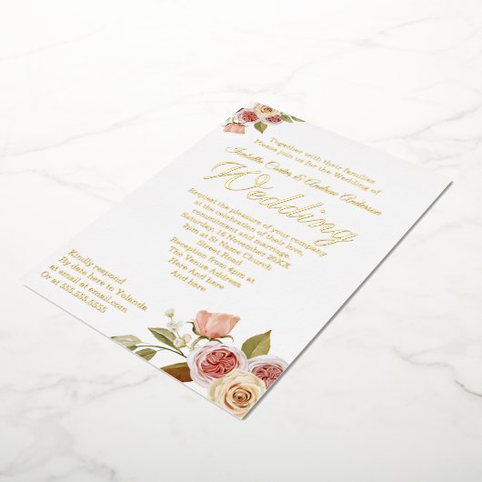 ピンクかわいらし金ゴールドフローラエレガントな結婚式 箔招待状 (回転した状態)