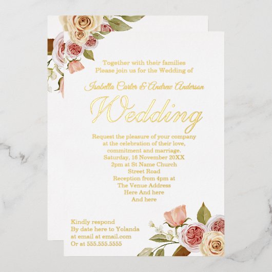 ピンクかわいらし金ゴールドフローラエレガントな結婚式 箔招待状 (正面/裏面)