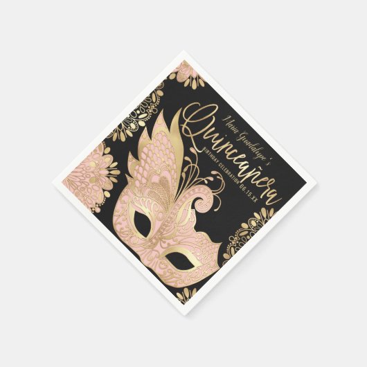 ピンクかわいらし金ゴールドブラックマスカレードマスクキンセアニラ スタンダードカクテルナプキン (角)