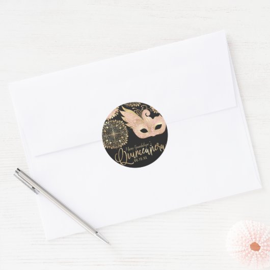 ピンクかわいらし金ゴールドブラックマスカレードマスクキンセアニラ ラウンドシール (封筒)