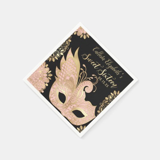 ピンクかわいらし金ゴールドブラックマスカレードマスクスウィート16 スタンダードカクテルナプキン (角)