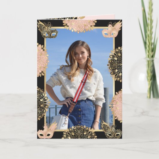 ピンクかわいらし金ゴールドブラックマスカレードマスクスウィート16 招待状 (正面)