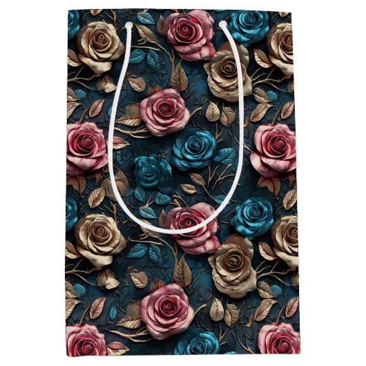 ピンクかわいらし金ゴールドブルーバラ ミディアムペーパーバッグ (正面)