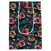 ピンクかわいらし金ゴールドブルーバラ ミディアムペーパーバッグ (裏面)