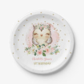 ピンクかわいらし金ゴールドベビーフクロウガールズ誕生日好意 ペーパープレート (正面)