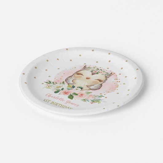 ピンクかわいらし金ゴールドベビーフクロウガールズ誕生日好意 ペーパープレート (アングル)