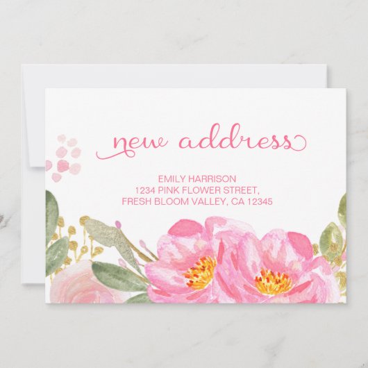 ピンクかわいらし金ゴールド水色フローラ新しいアドレス 案内状 (正面)