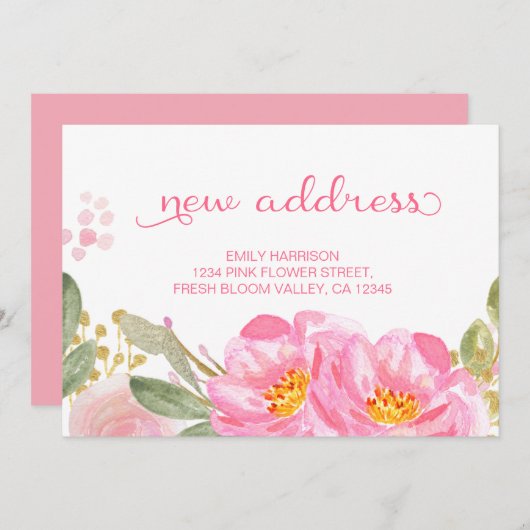 ピンクかわいらし金ゴールド水色フローラ新しいアドレス 案内状 (正面/裏面)