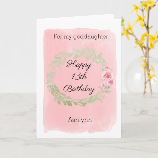 ピンクかわいらし13歳の誕生日ゴド娘 カード (黄色い花)
