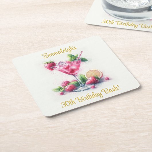 ピンクかわいらし30歳の誕生日お祝い スクエアペーパーコースター (アングル)