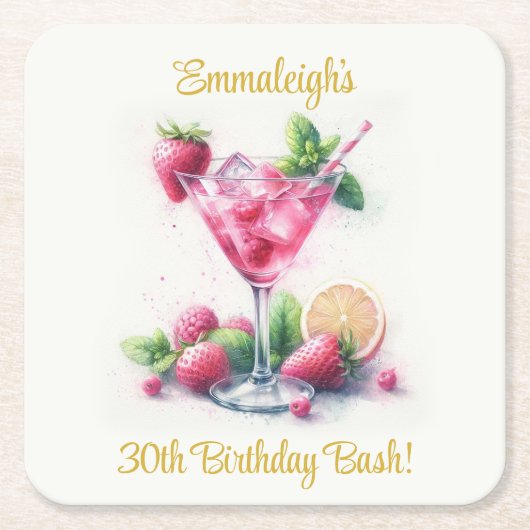 ピンクかわいらし30歳の誕生日お祝い スクエアペーパーコースター (正面)