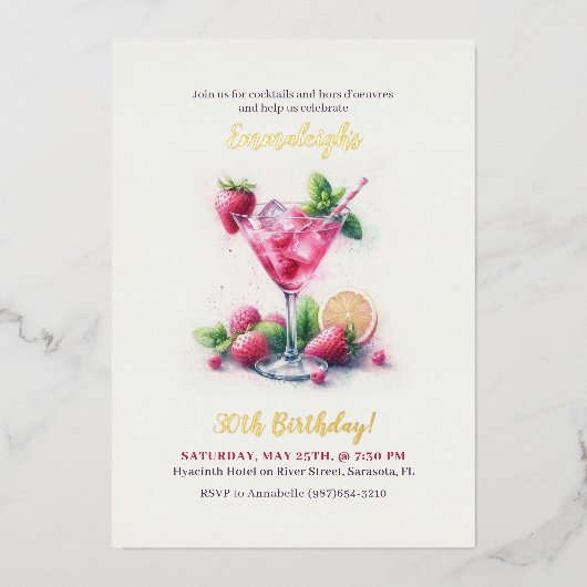 ピンクかわいらし30歳の誕生日お祝い 箔招待状 (正面)