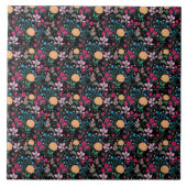 ピンクかわいらし&イエロースモールフローラブラックデザイン タイル (正面)