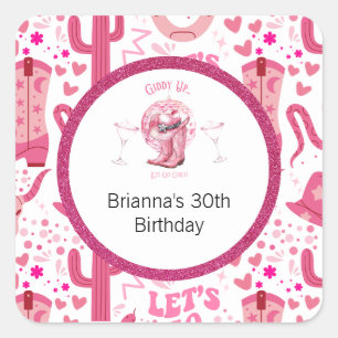 ピンクかわいらし&グリッター女性のカーボーイ誕生日 スクエアシール