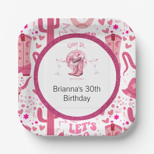 ピンクかわいらし&グリッター女性のカーボーイ誕生日 ペーパープレート (正面)