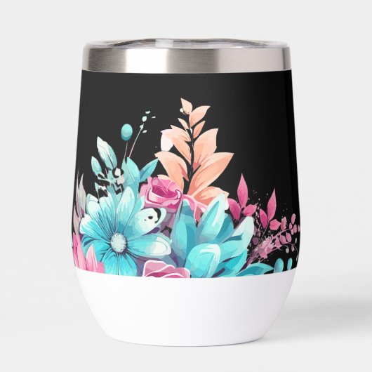 ピンクかわいらし&ティール（緑がかった色）フローラサーマルタンブラー (背面)