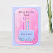 ピンクかわいらし&ブルーパーティーケーキとキャンドル誕生日 カード (正面)