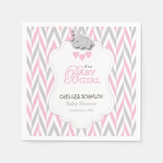 ピンクかわいらし、白、グレーの象の赤ちゃんシャワー2 スタンダードカクテルナプキン (正面)