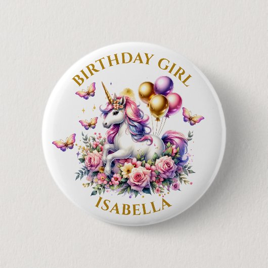 ピンクかわいらし、紫、金ゴールドユニコーン誕生日女の子 缶バッジ (正面)
