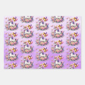 ピンクかわいらし、紫、金ゴールドユニコーン誕生日部 ラッピングペーパーシート (正面2)