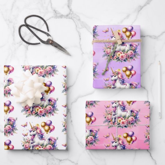 ピンクかわいらし、紫、金ゴールドユニコーン誕生日部 ラッピングペーパーシート (正面)
