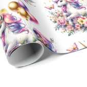 ピンクかわいらし、紫、金ゴールドユニコーン誕生日部 ラッピングペーパー (ロールコーナー)