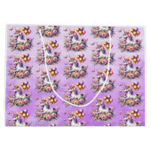 ピンクかわいらし、紫、金ゴールドユニコーン誕生日部 ラージペーパーバッグ (裏面)