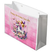 ピンクかわいらし、紫、金ゴールドユニコーン誕生日部 ラージペーパーバッグ (正面アングル)
