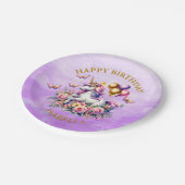 ピンクかわいらし、紫、金ゴールドユニコーン誕生日 ペーパープレート (アングル)