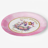 ピンクかわいらし、紫、金ゴールドユニコーン誕生日 ペーパープレート (アングル)