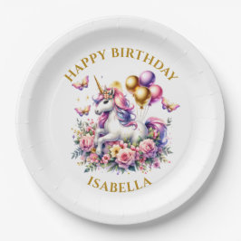 ピンクかわいらし、紫、金ゴールドユニコーン誕生日 ペーパープレート