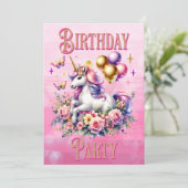 ピンクかわいらし、紫、金ゴールドユニコーン誕生日 招待状 (スタンド正面)